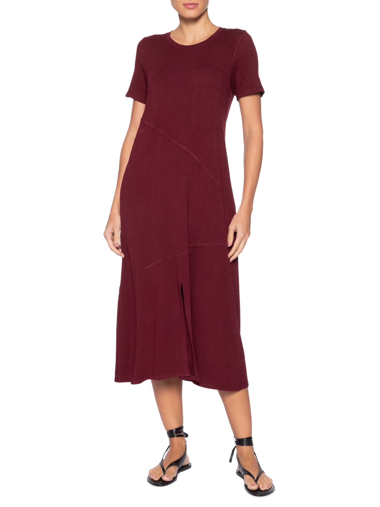 Vestido Midi Manga Curta com Recortes – Vermelho Basiq