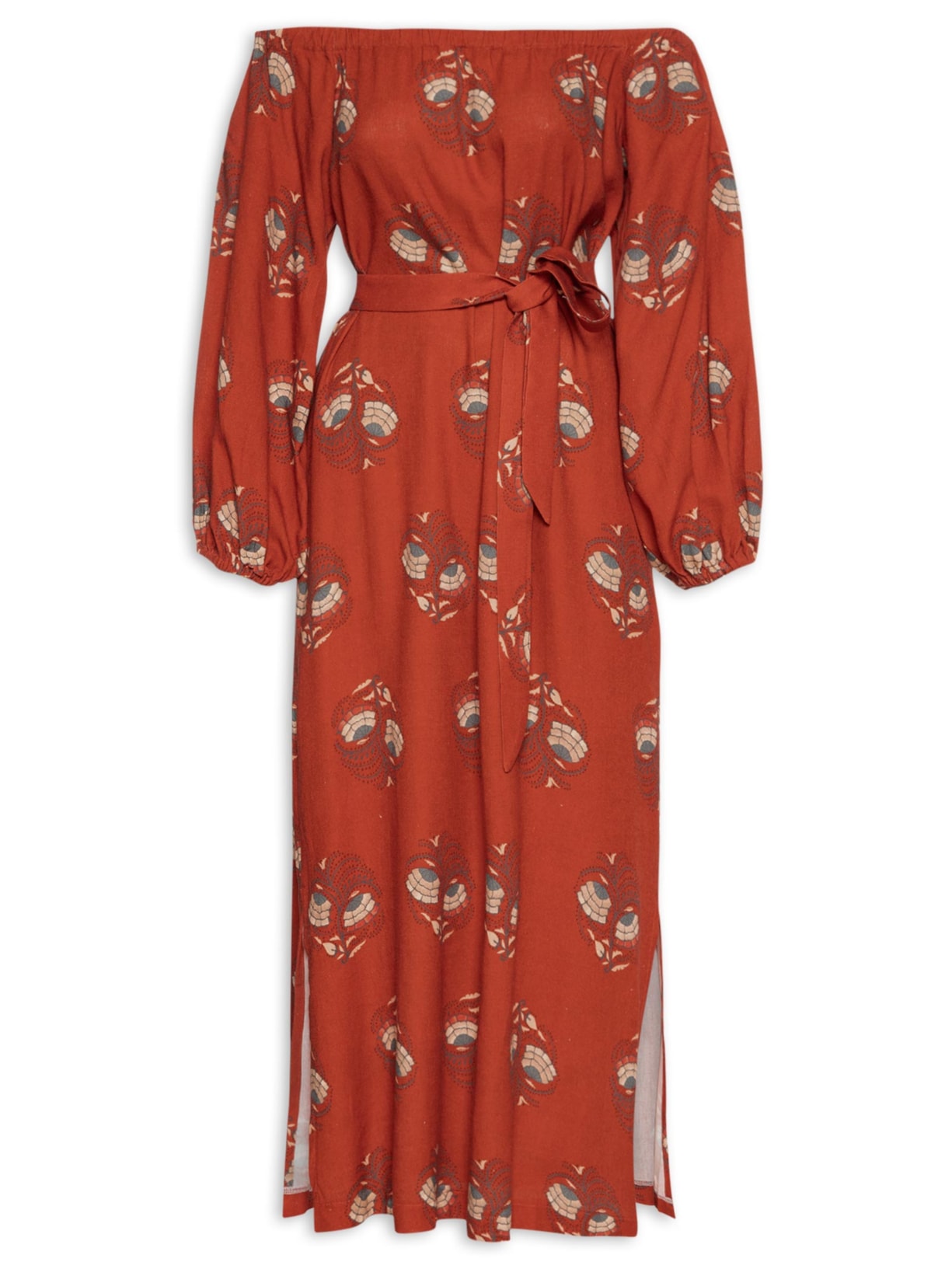 Vestido Midi Manga Estampa Ramo - Vermelho