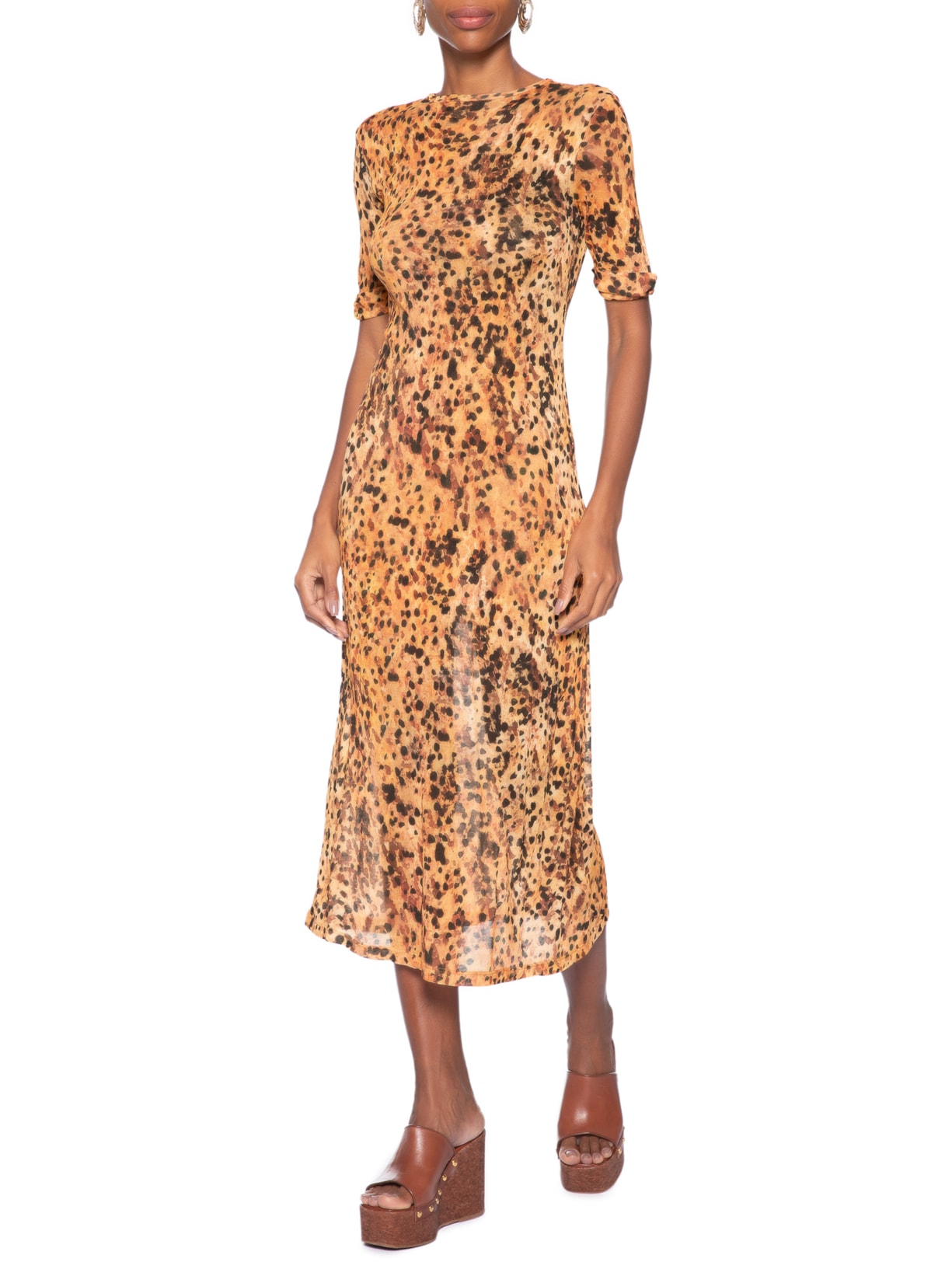 Vestido Midi Manga Franzida Marrom Animale