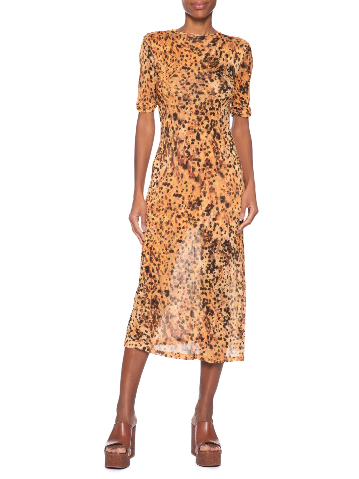 Vestido Midi Manga Franzida Marrom Animale