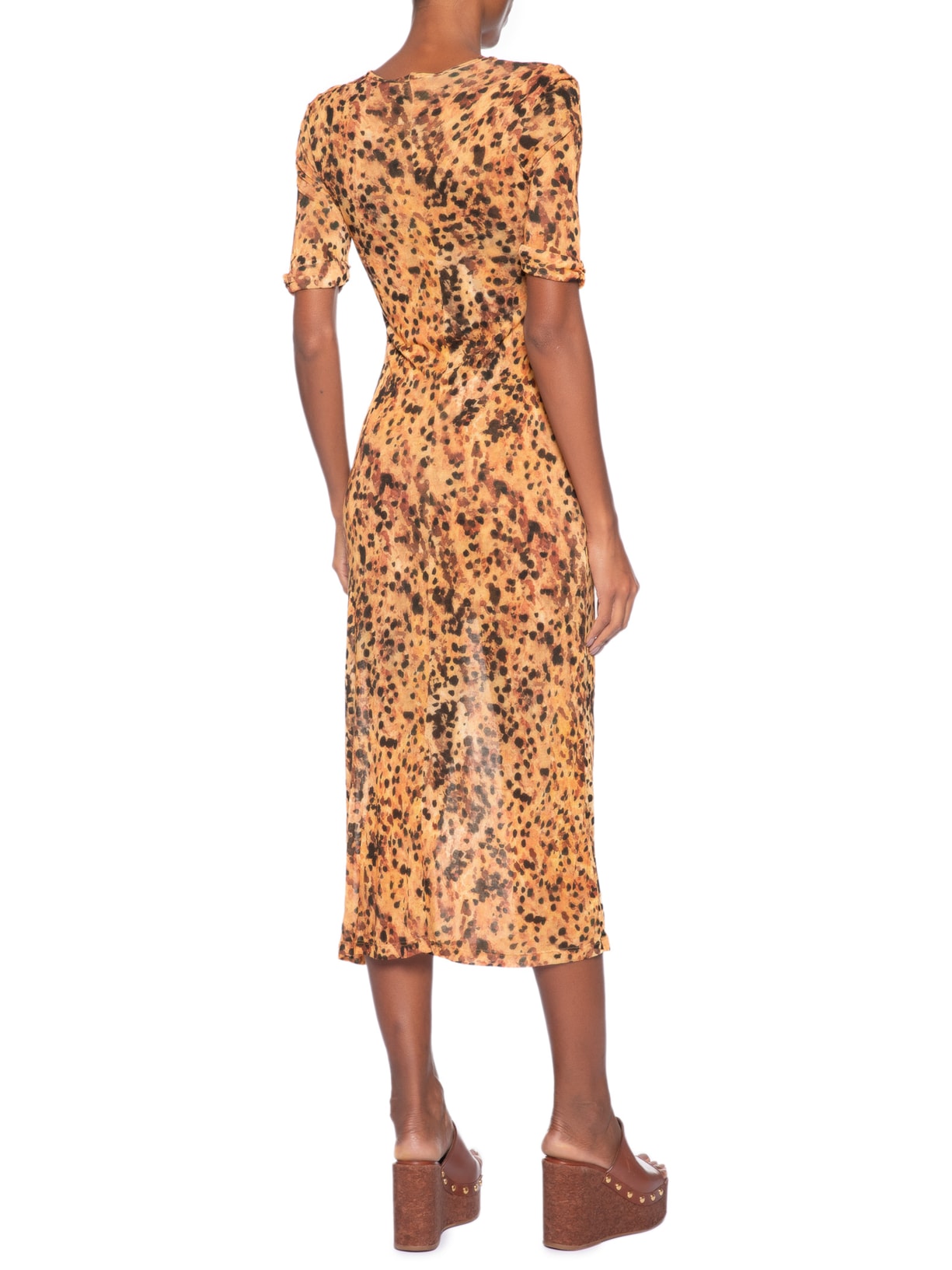 Vestido Midi Manga Franzida Marrom Animale
