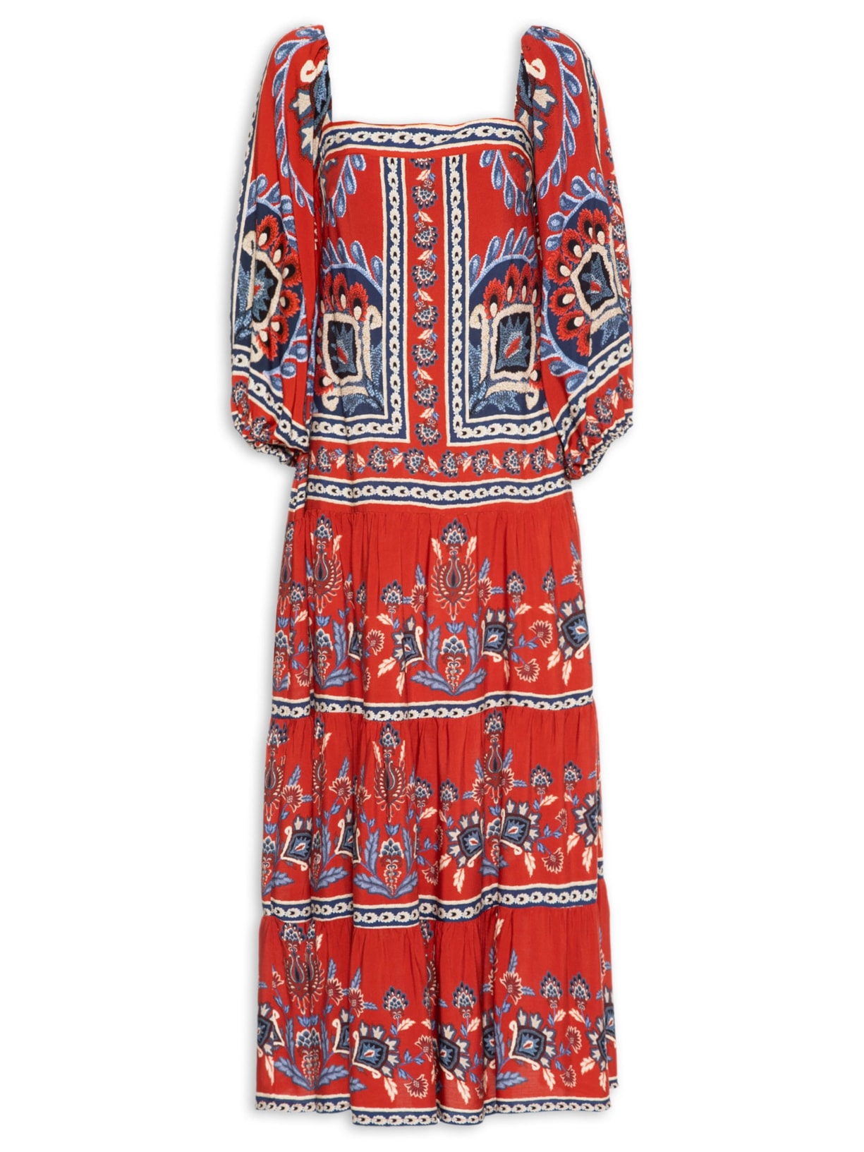 Vestido Midi Manga Lenço Náutico - Vermelho