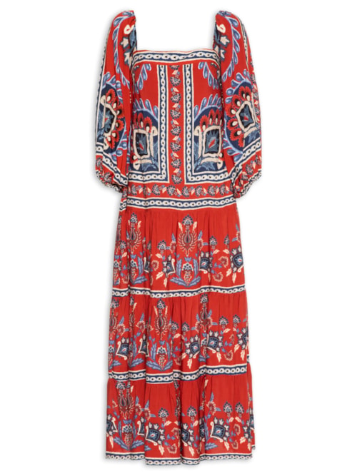 Vestido Midi Manga Lenço Náutico - Vermelho