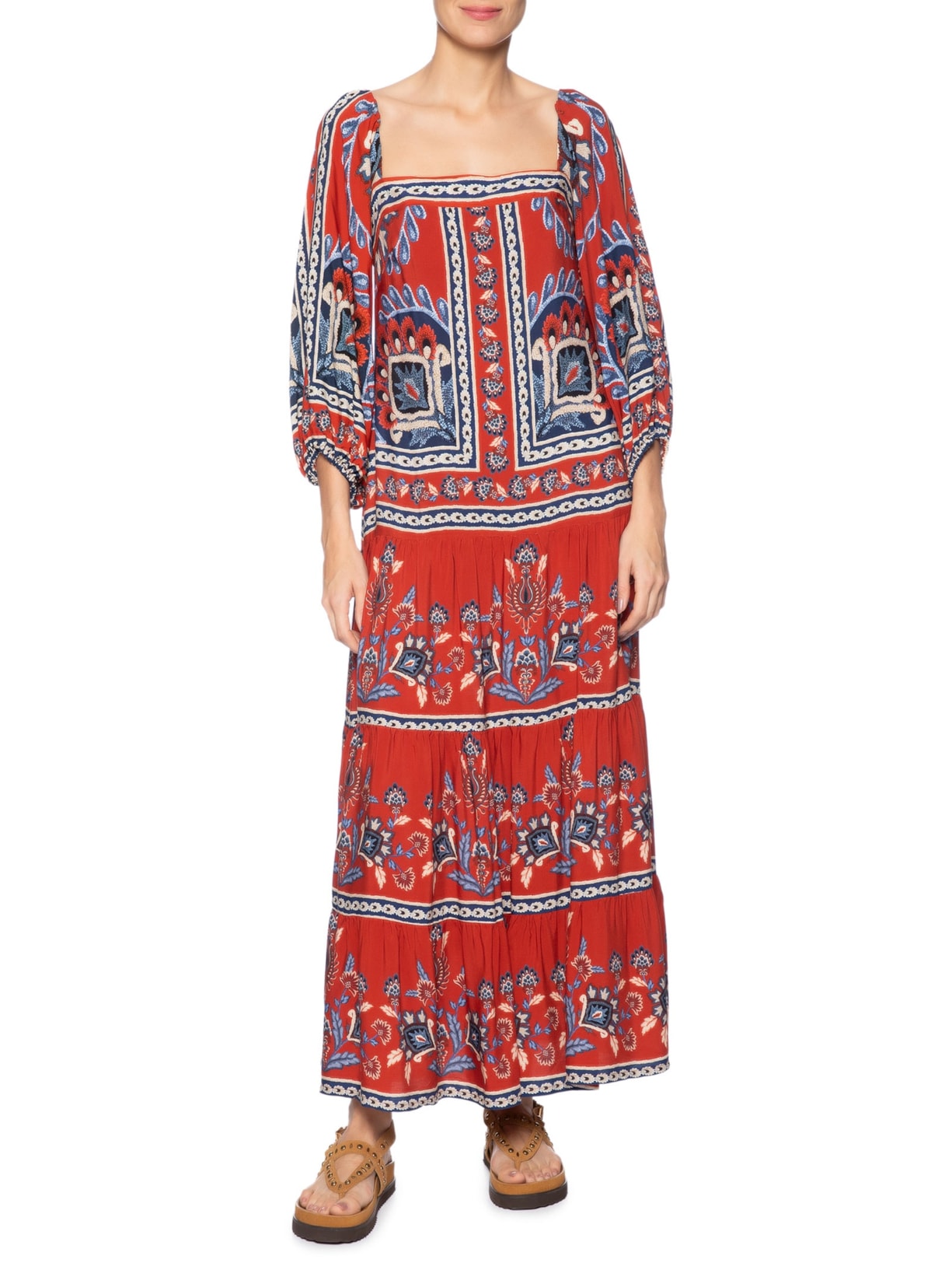 Vestido Midi Manga Lenço Náutico Vermelho Farm