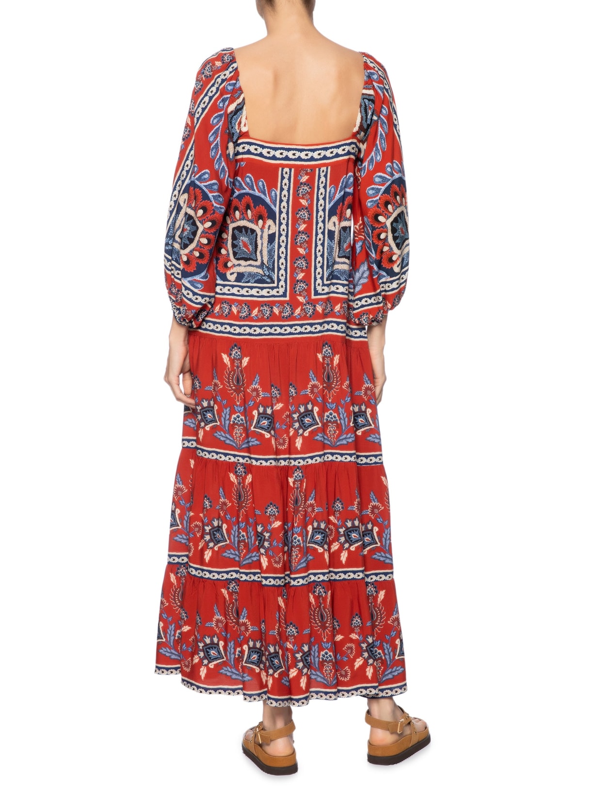 Vestido Midi Manga Lenço Náutico Vermelho Farm