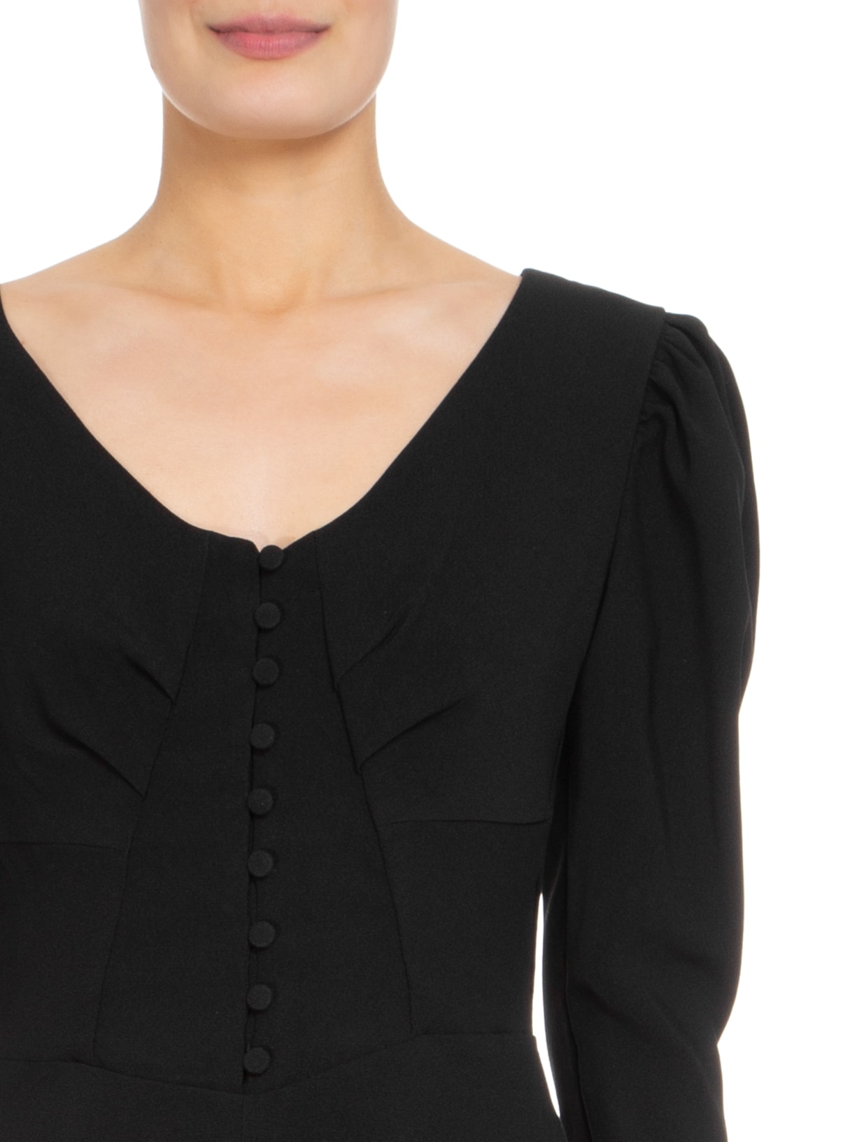 Vestido Midi Manga Longa Decote V Preto '2Essential