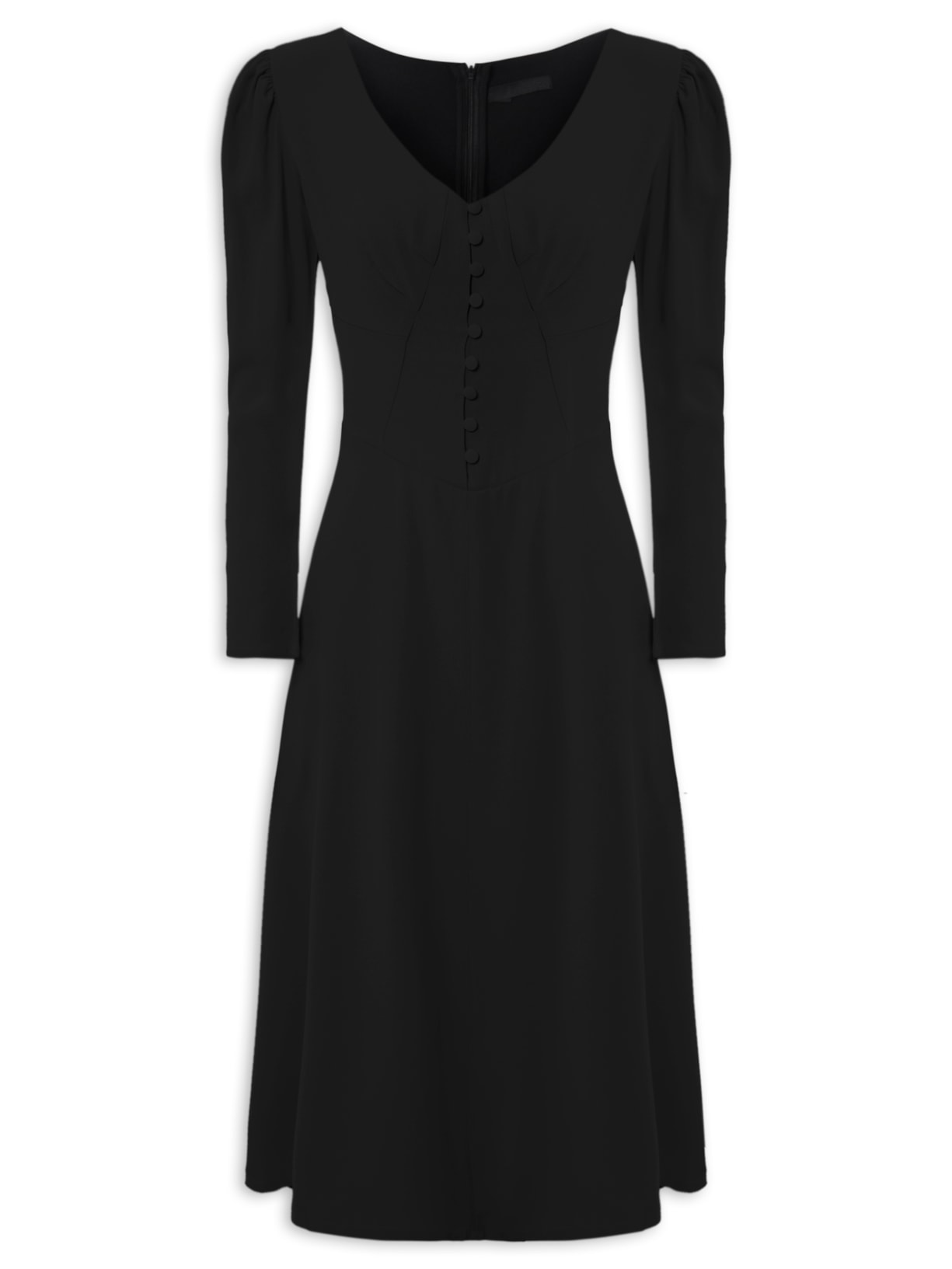 Vestido Midi Manga Longa Decote V - Preto