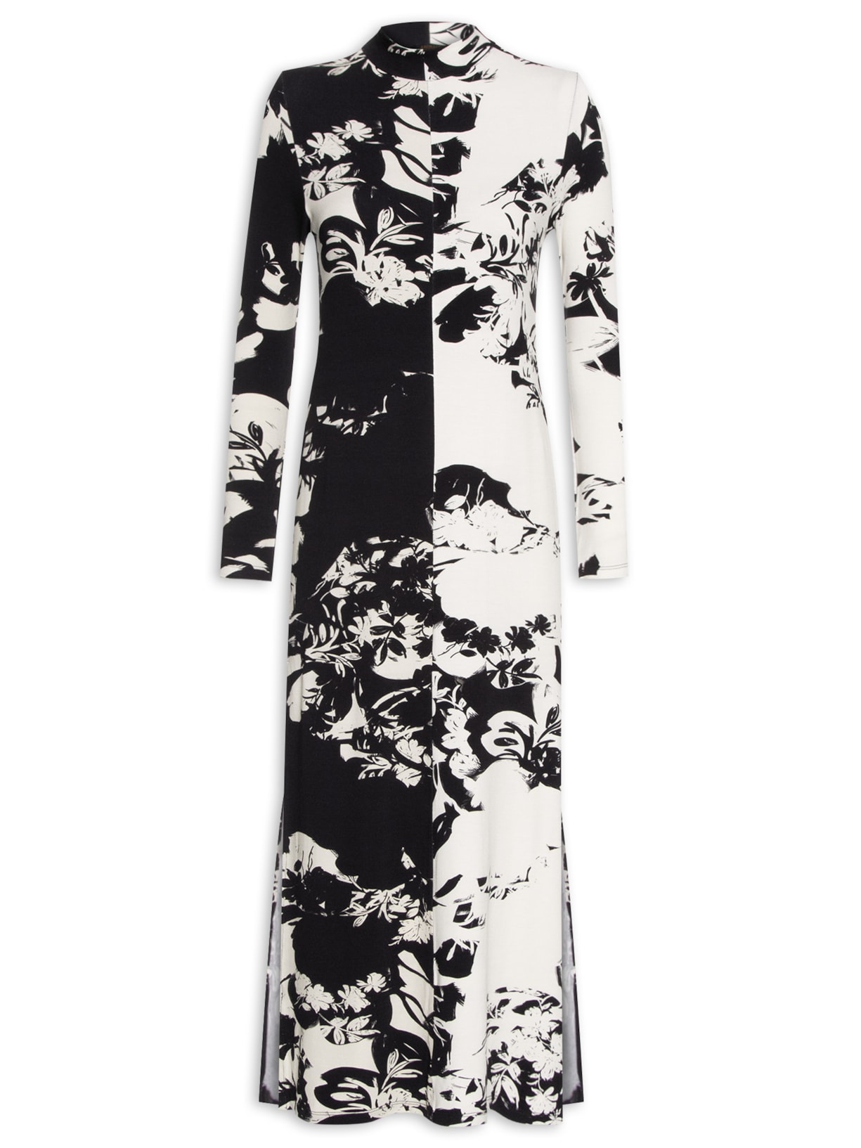 Vestido Midi Manga Longa Est Floral Bic - Preto