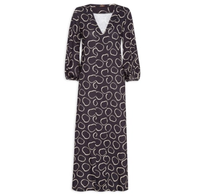 Vestido Midi Manga Longa Meia Malha Estampa - Preto