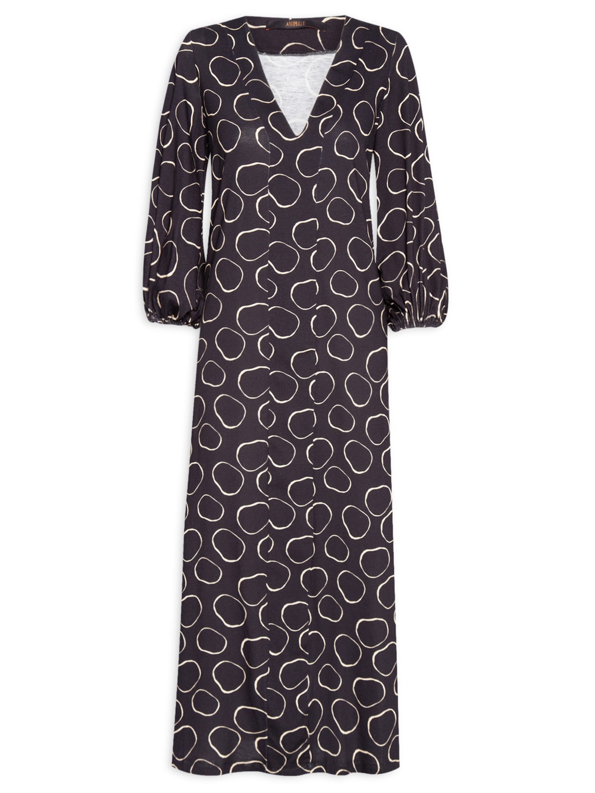 Vestido Midi Manga Longa Meia Malha Estampa - Preto