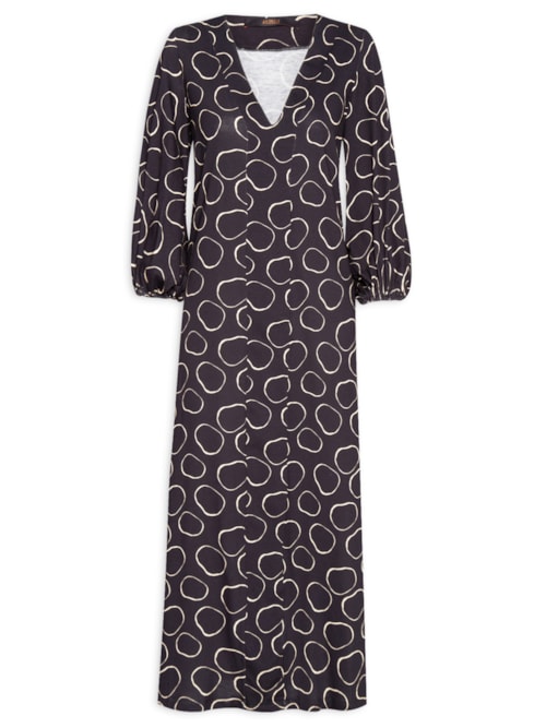 Vestido Midi Manga Longa Meia Malha Estampa - Preto