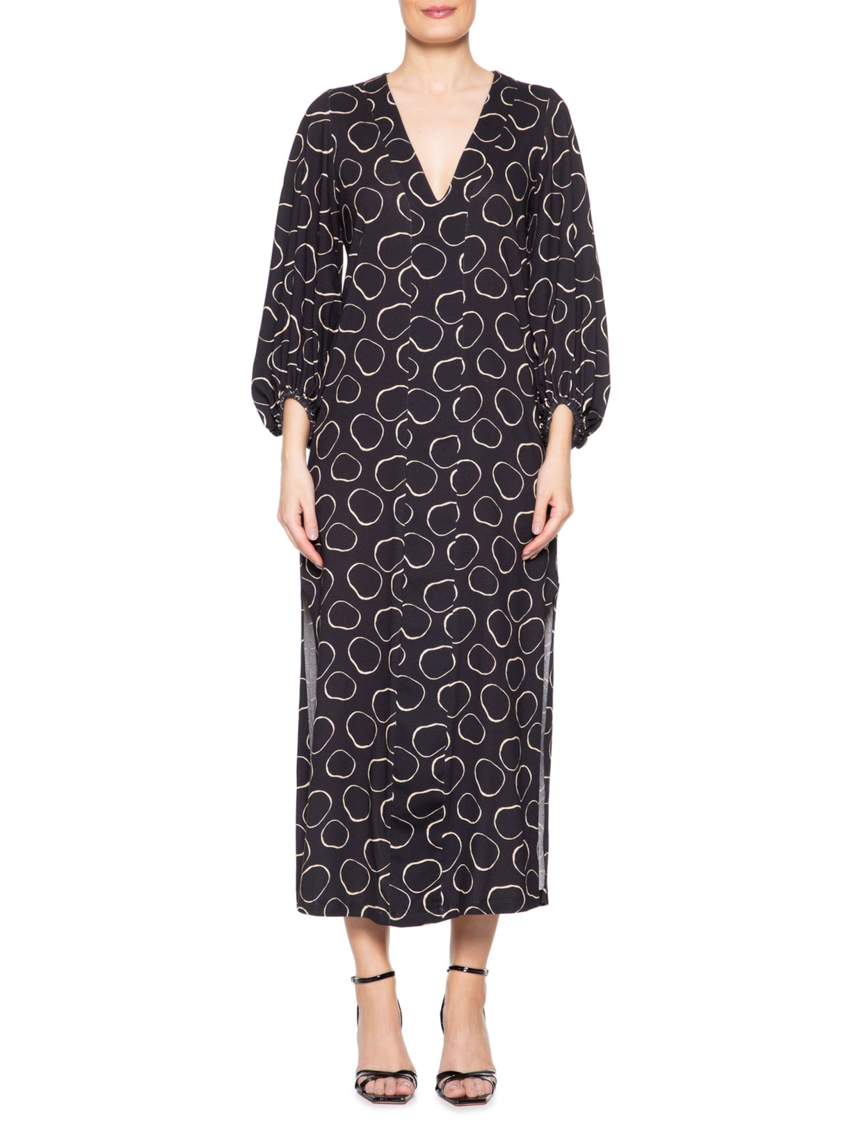 Vestido Midi Manga Longa Meia Malha Estampa Preto Animale