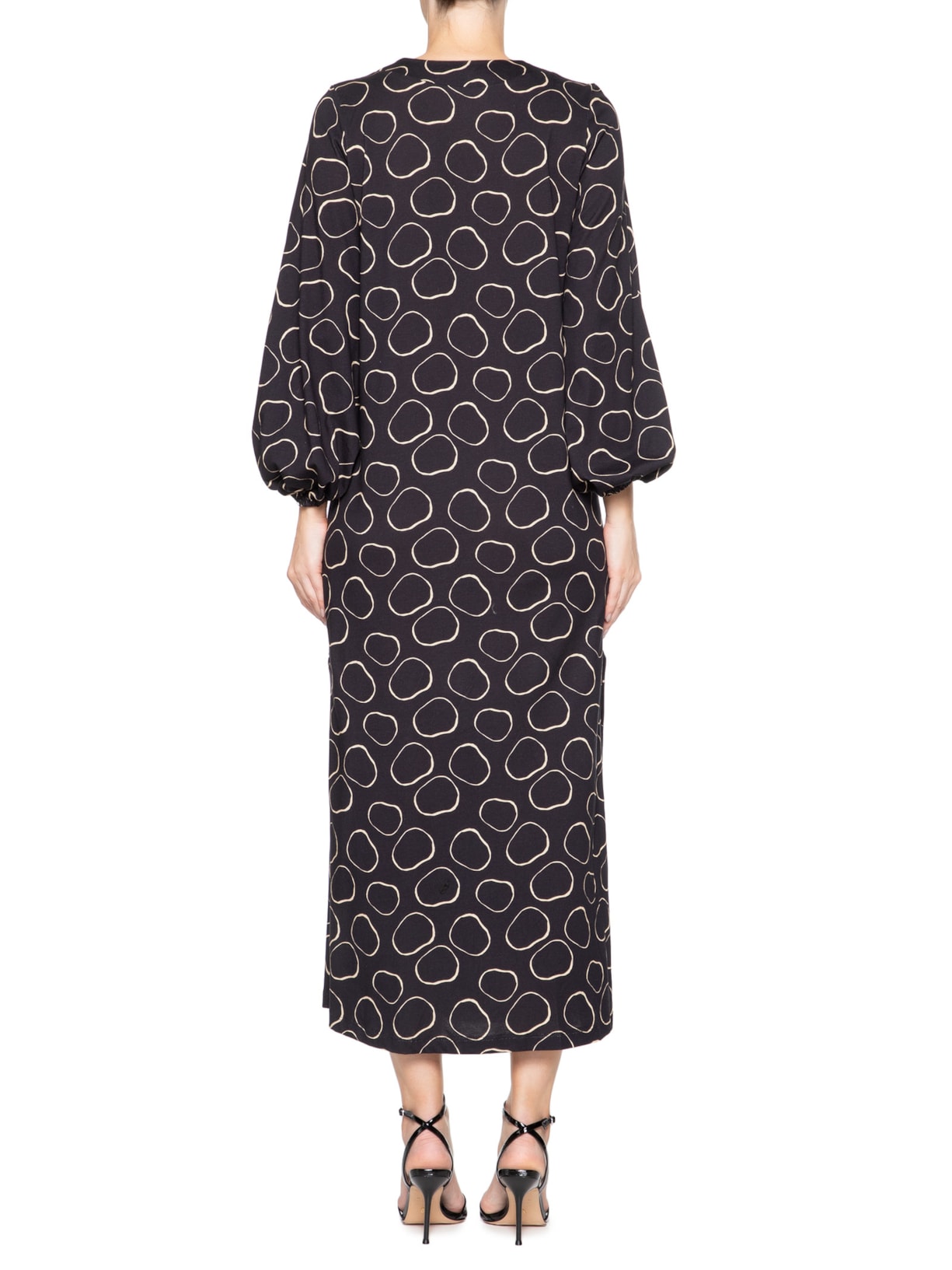 Vestido Midi Manga Longa Meia Malha Estampa Preto Animale