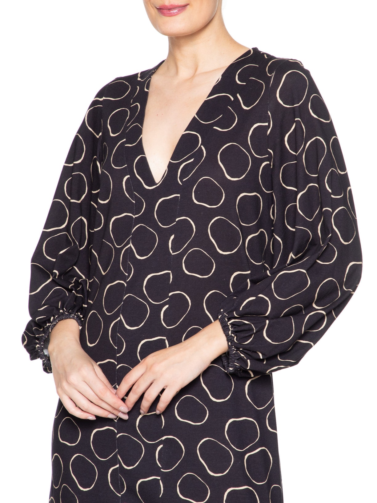 Vestido Midi Manga Longa Meia Malha Estampa Preto Animale