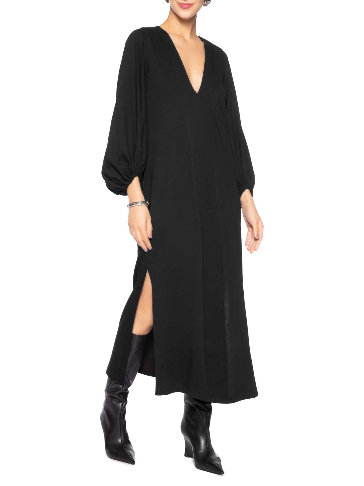 Vestido Midi Manga Longa Preto Animale