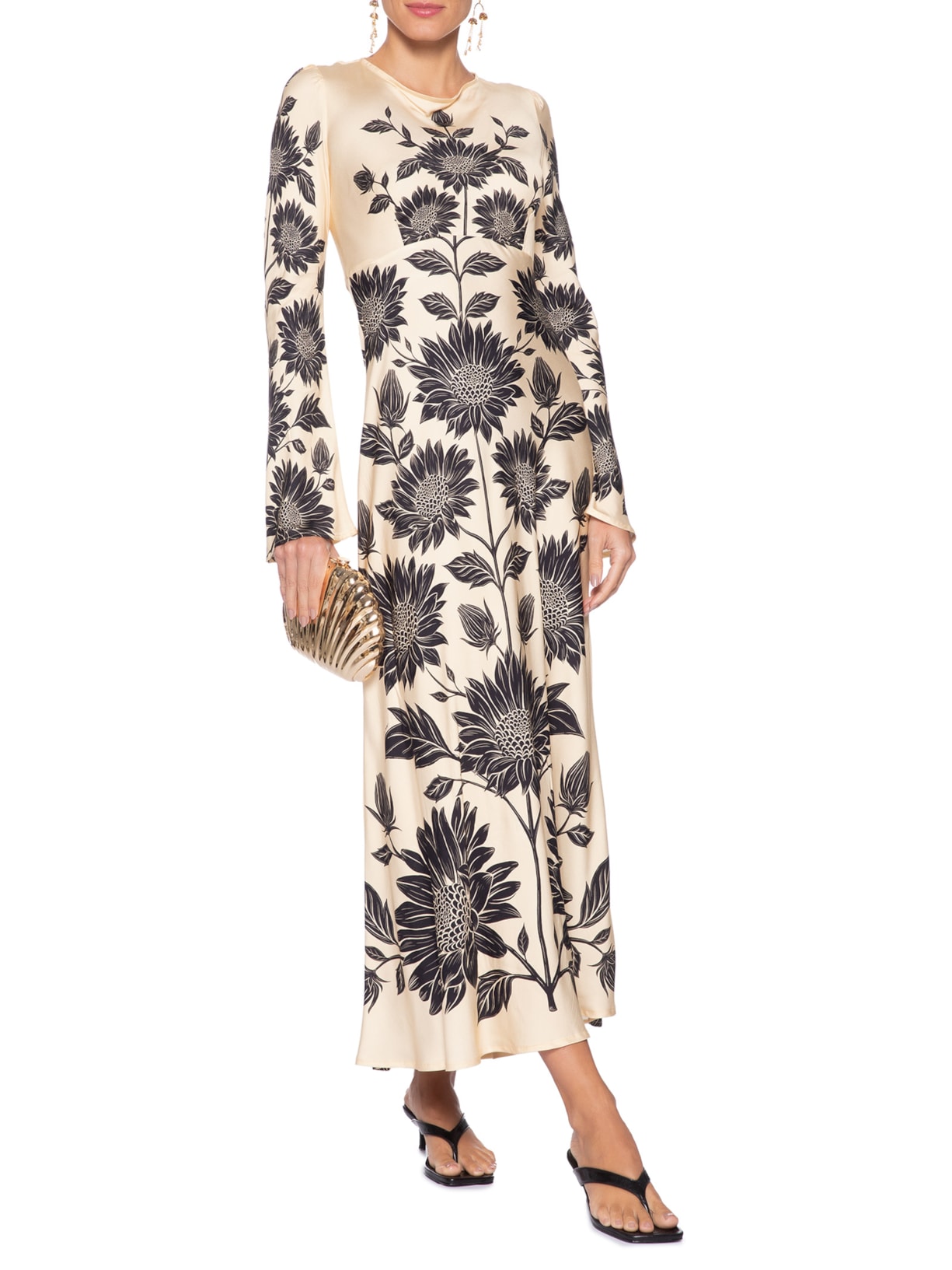 Vestido Midi Manga Maria Lia Bege Farm