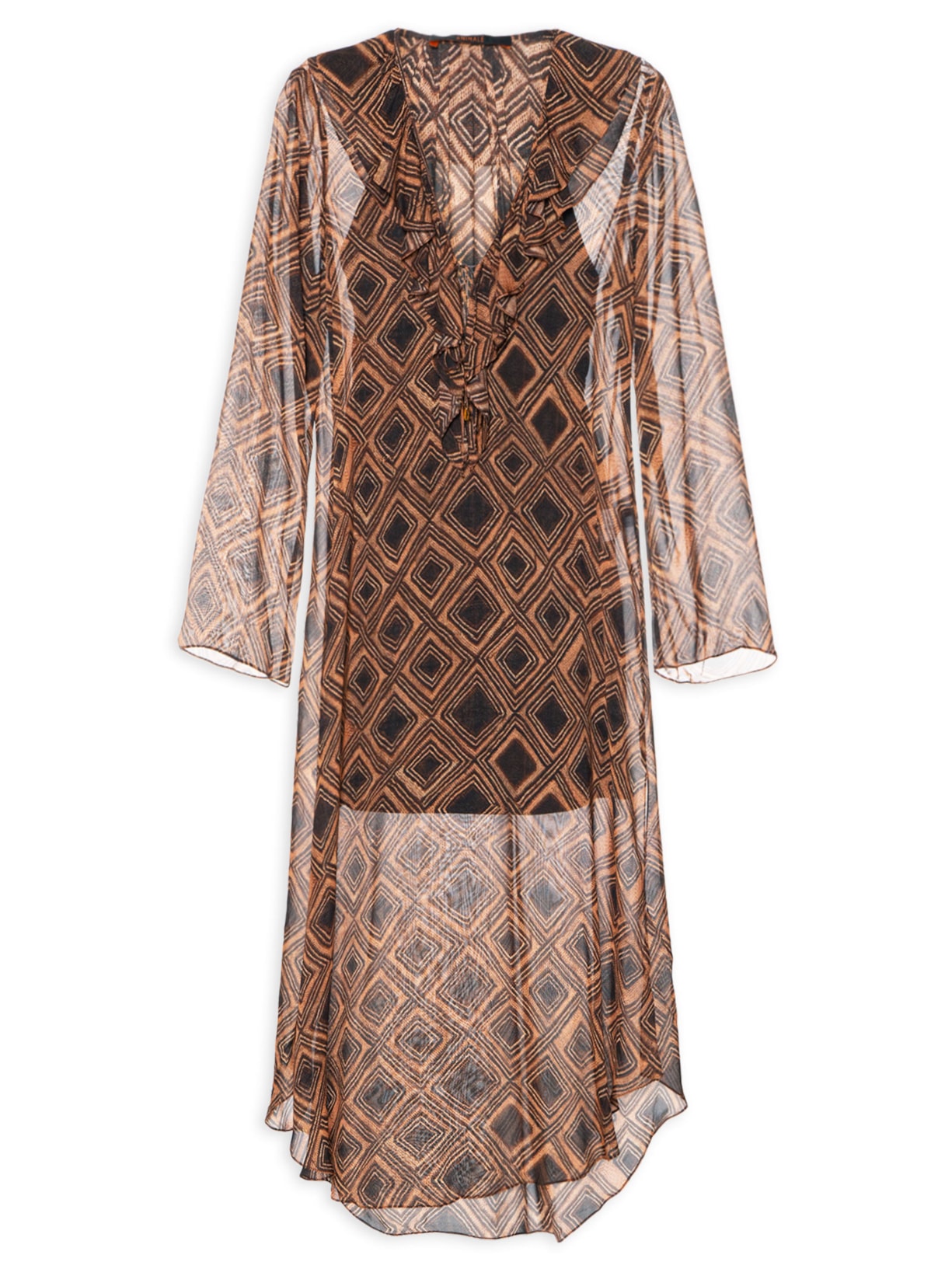 Vestido Midi Manga Textura Taipas Marrom  Animale