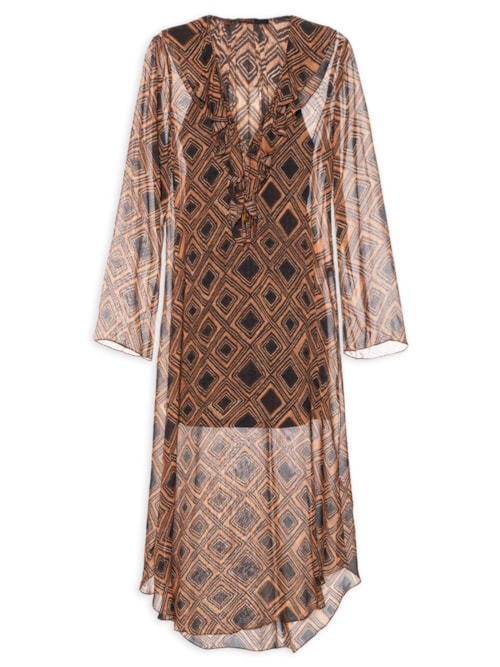 Vestido Midi Manga Textura Taipas - Marrom