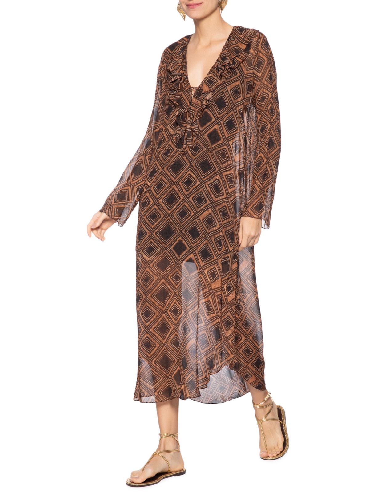 Vestido Midi Manga Textura Taipas Marrom  Animale