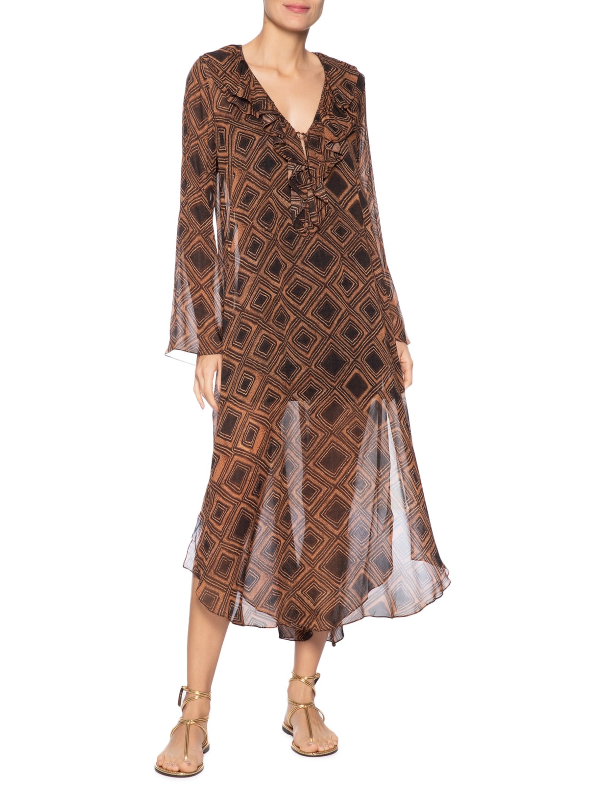 Vestido Midi Manga Textura Taipas Marrom  Animale