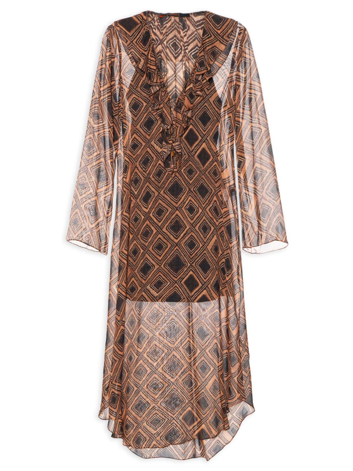 Vestido Midi Manga Textura Taipas - Marrom