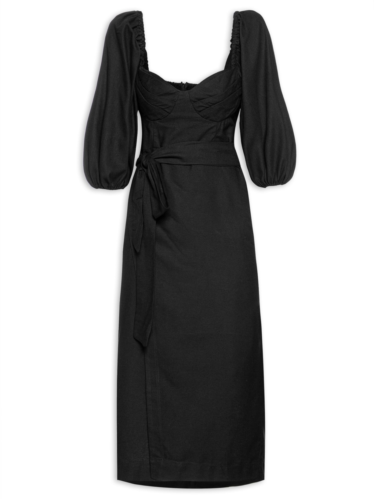 Vestido Midi Mangas Bufante - Preto