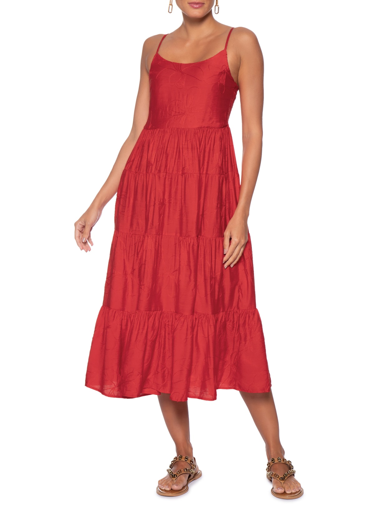 Vestido Midi Marias Bordado Vermelho Basiq