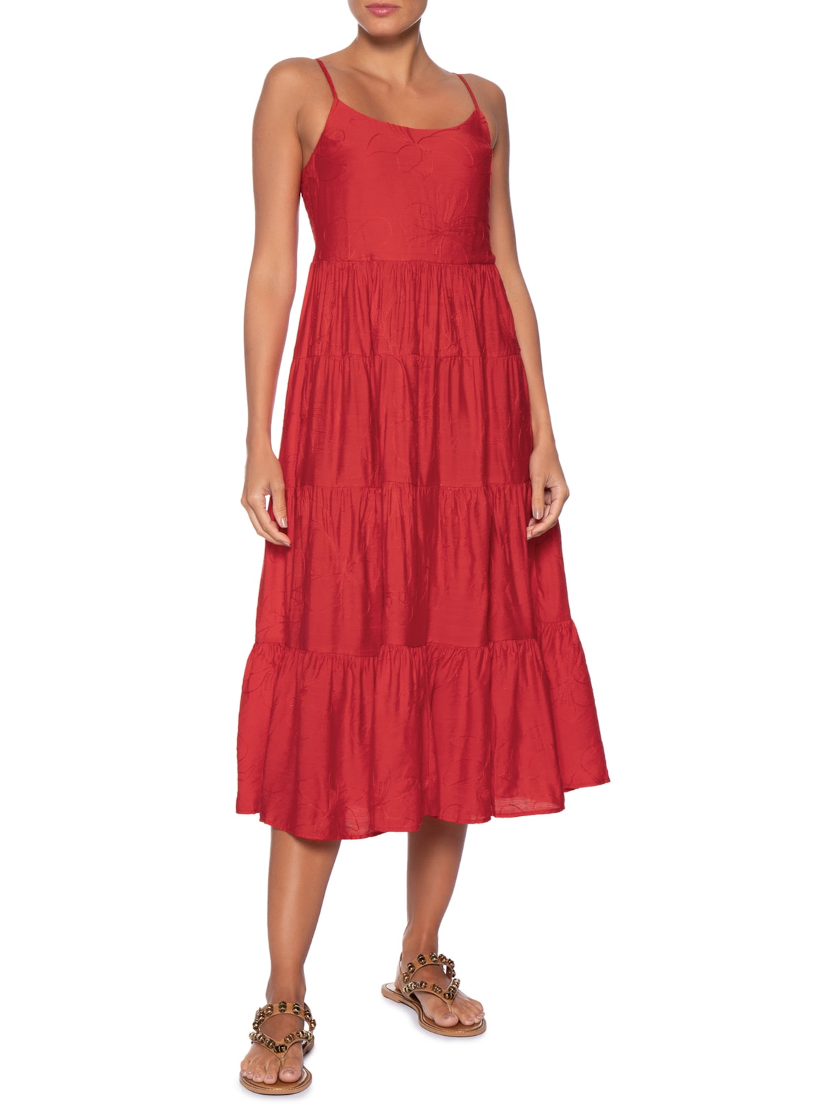 Vestido Midi Marias Bordado Vermelho Basiq
