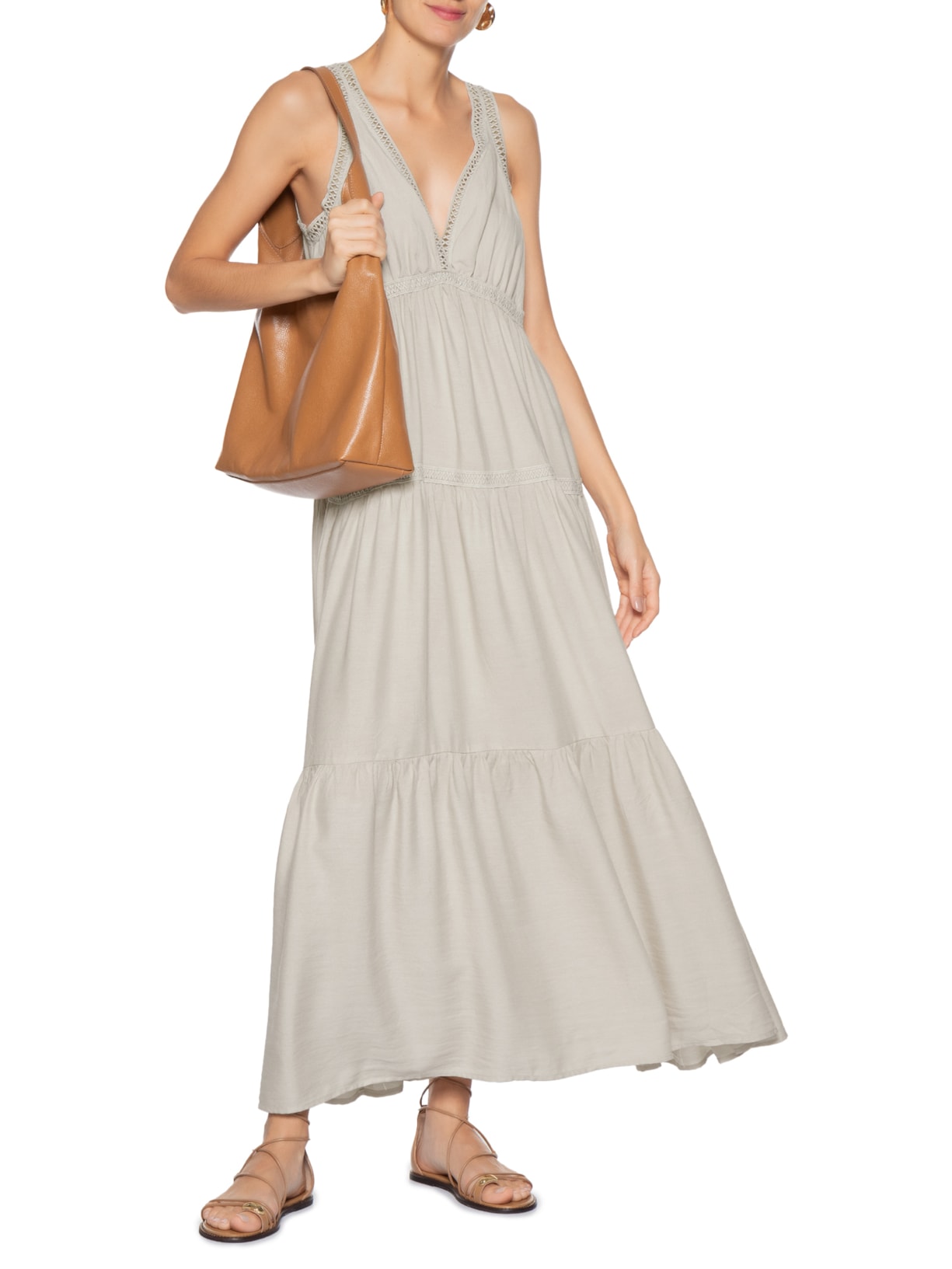 Vestido Midi Marias Com Detalhe Bege Basiq