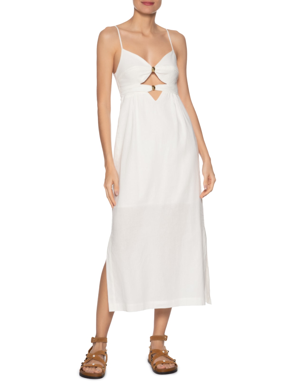 Vestido Midi Metais Decote Branco Maria Filó