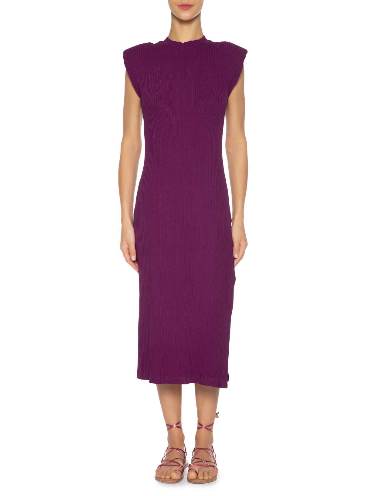 Vestido Midi Ombreira Rib Roxo Farm