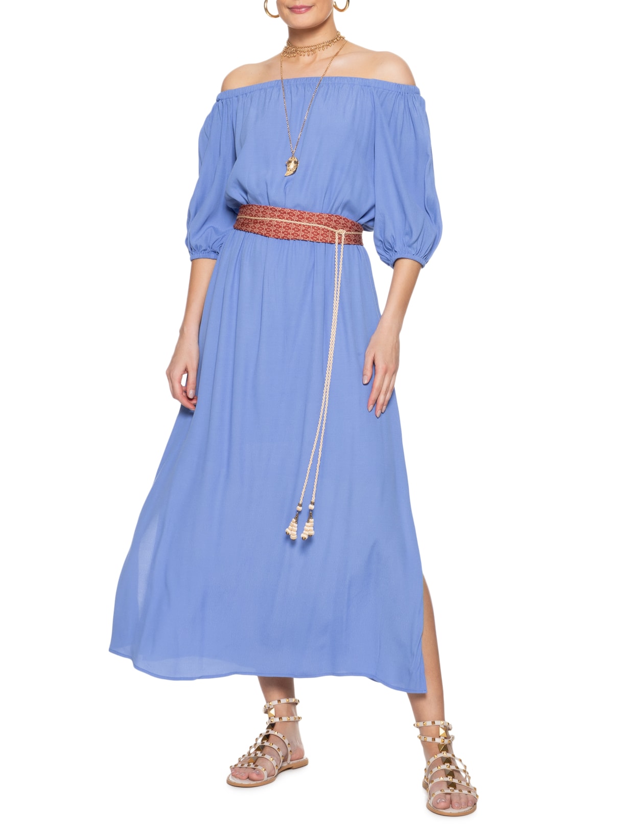 Maria Filó Vestido Midi Ombro A Ombro Com Cinto Azul