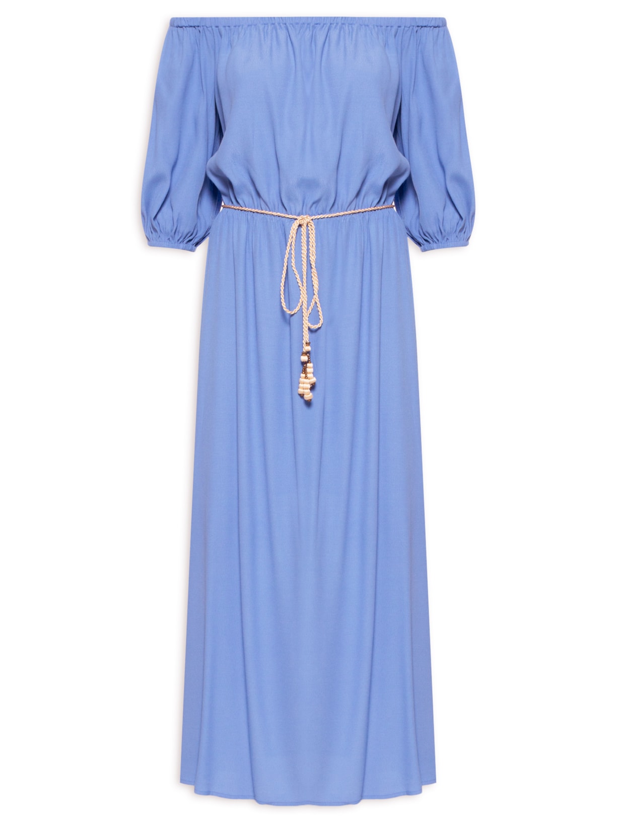 Vestido Midi Ombro A Ombro Com Cinto - Azul