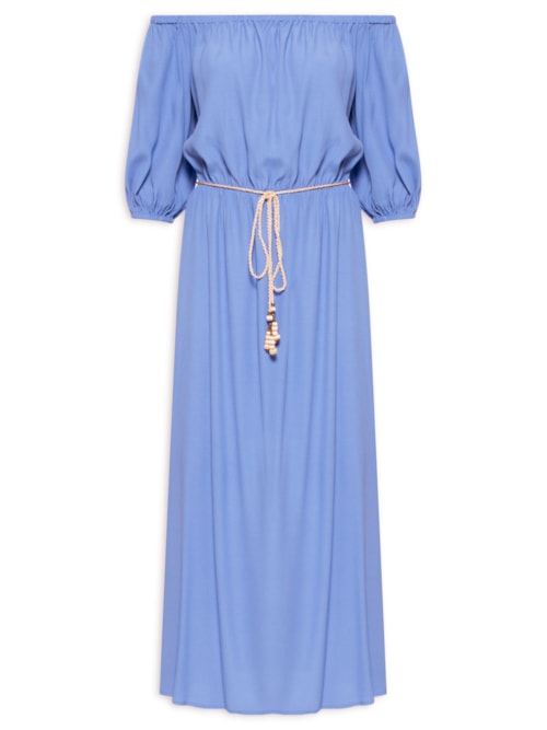 Vestido Midi Ombro A Ombro Com Cinto - Azul
