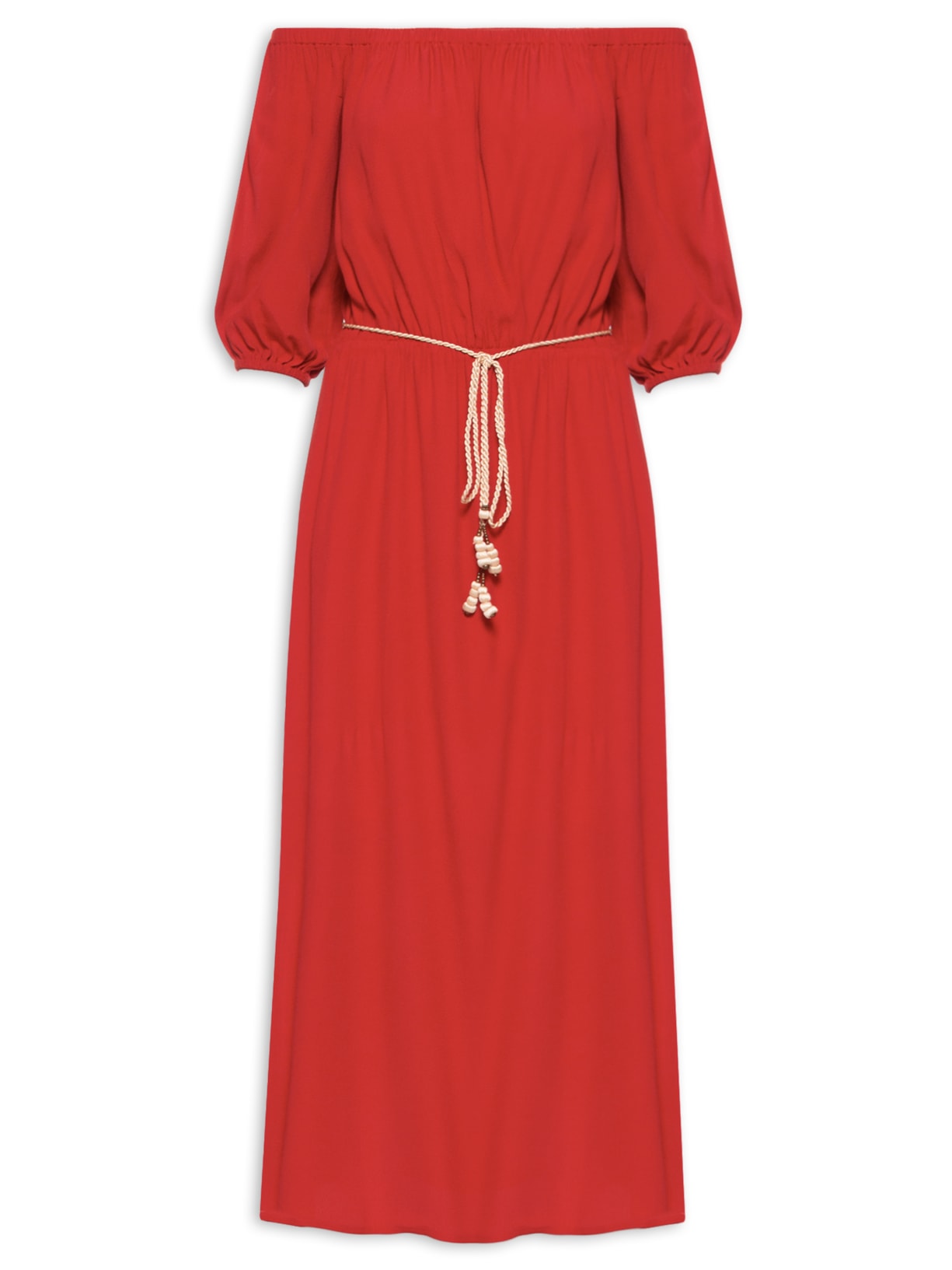 Vestido Midi Ombro A Ombro Com Cinto - Vermelho