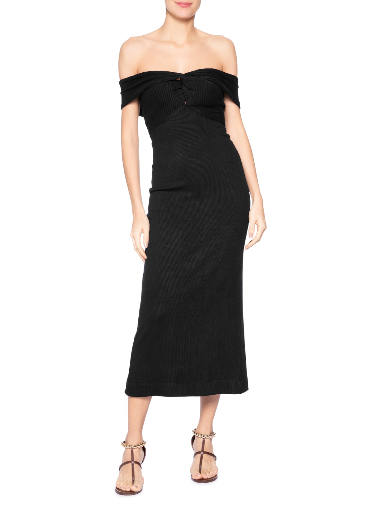 Vestido Midi Ombro À Ombro Textura Preto Animale