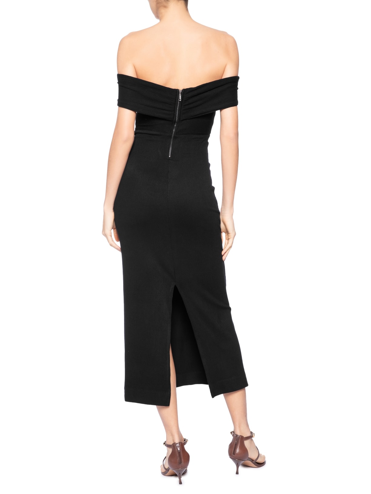 Vestido Midi Ombro À Ombro Textura Preto Animale
