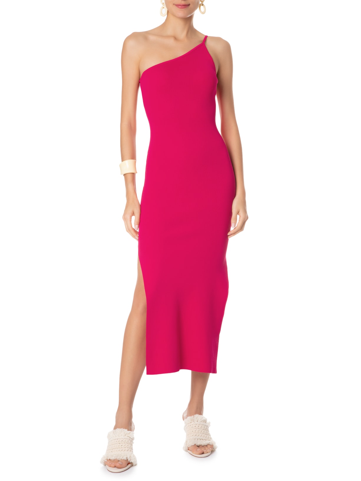 Vestido Midi Ombro único Tricot Rosa Animale