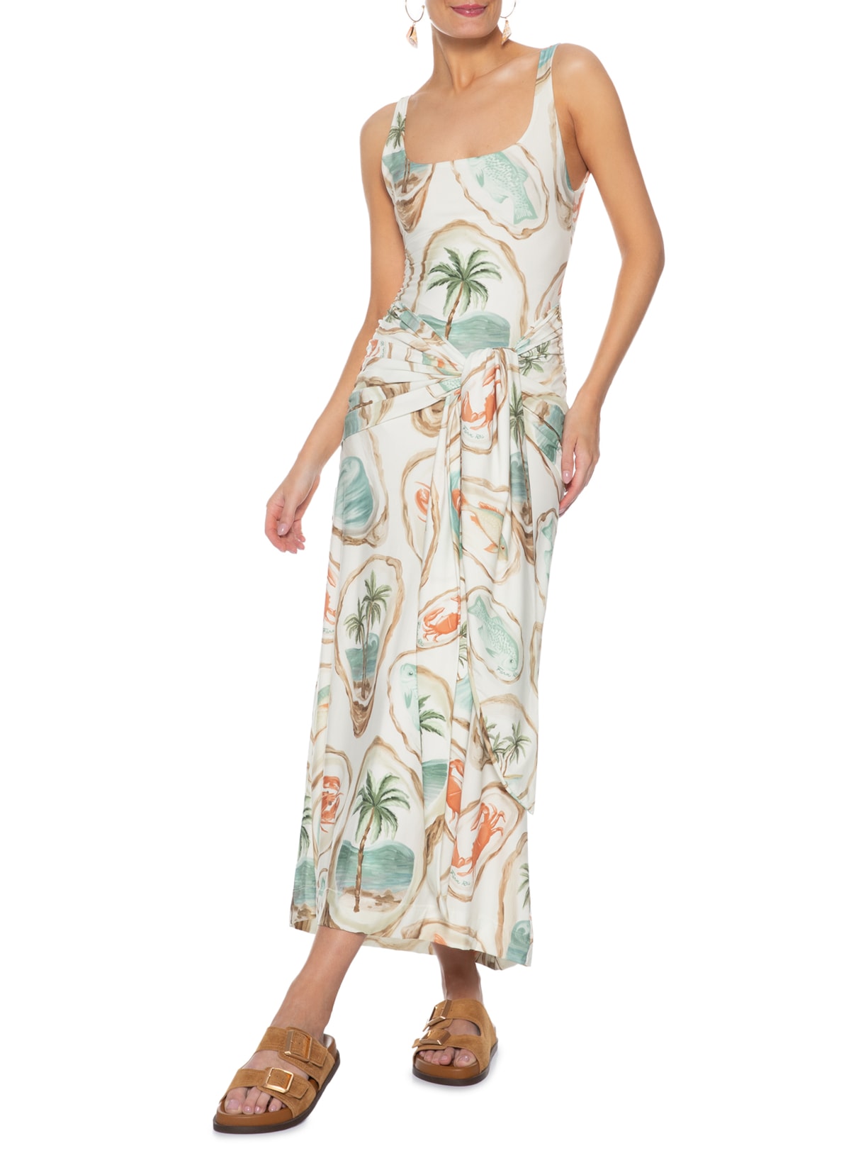 Vestido Midi Ostra Tropical Bege Farm