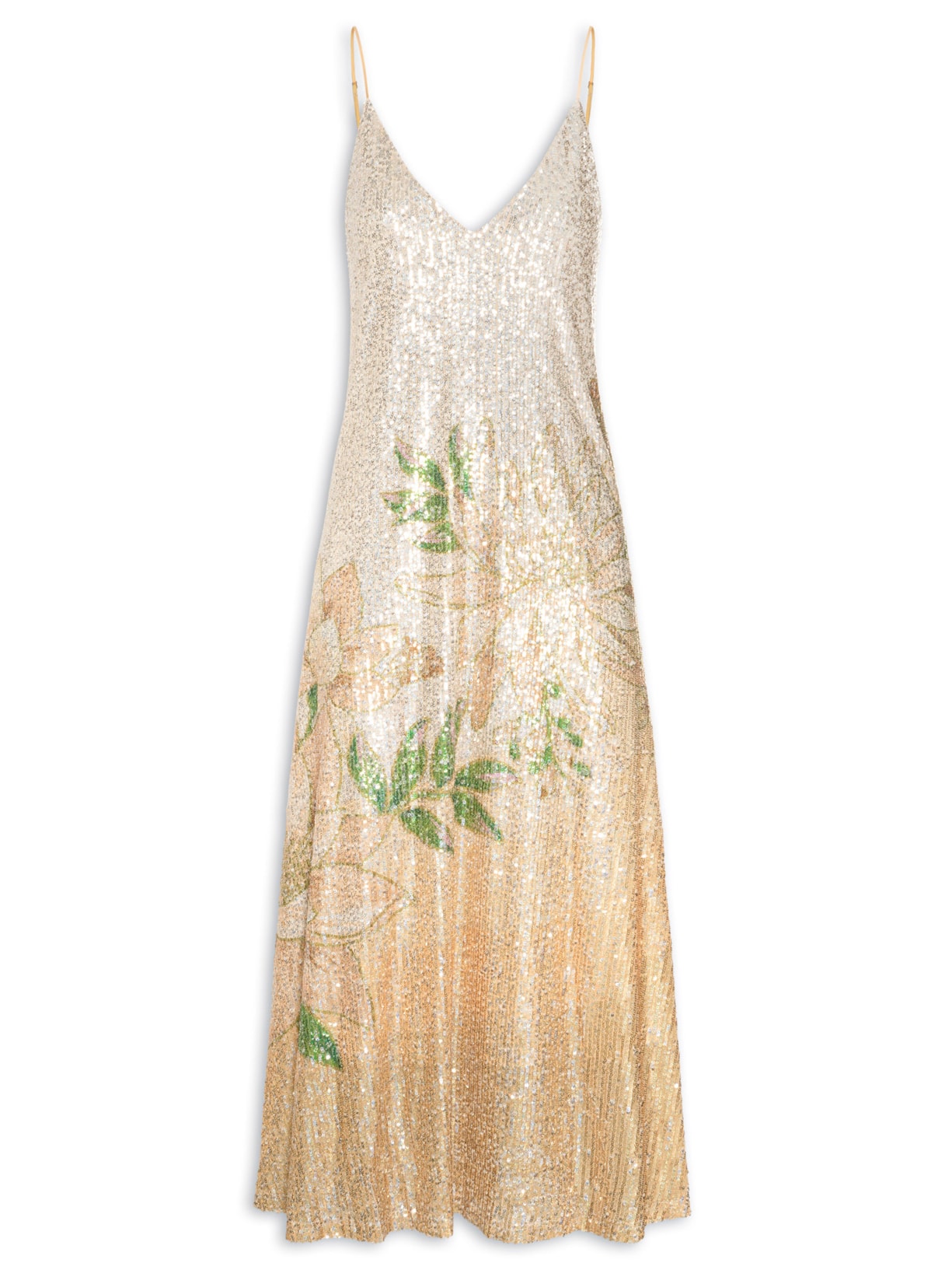 Vestido Midi Paetê Floral Magia - Dourado