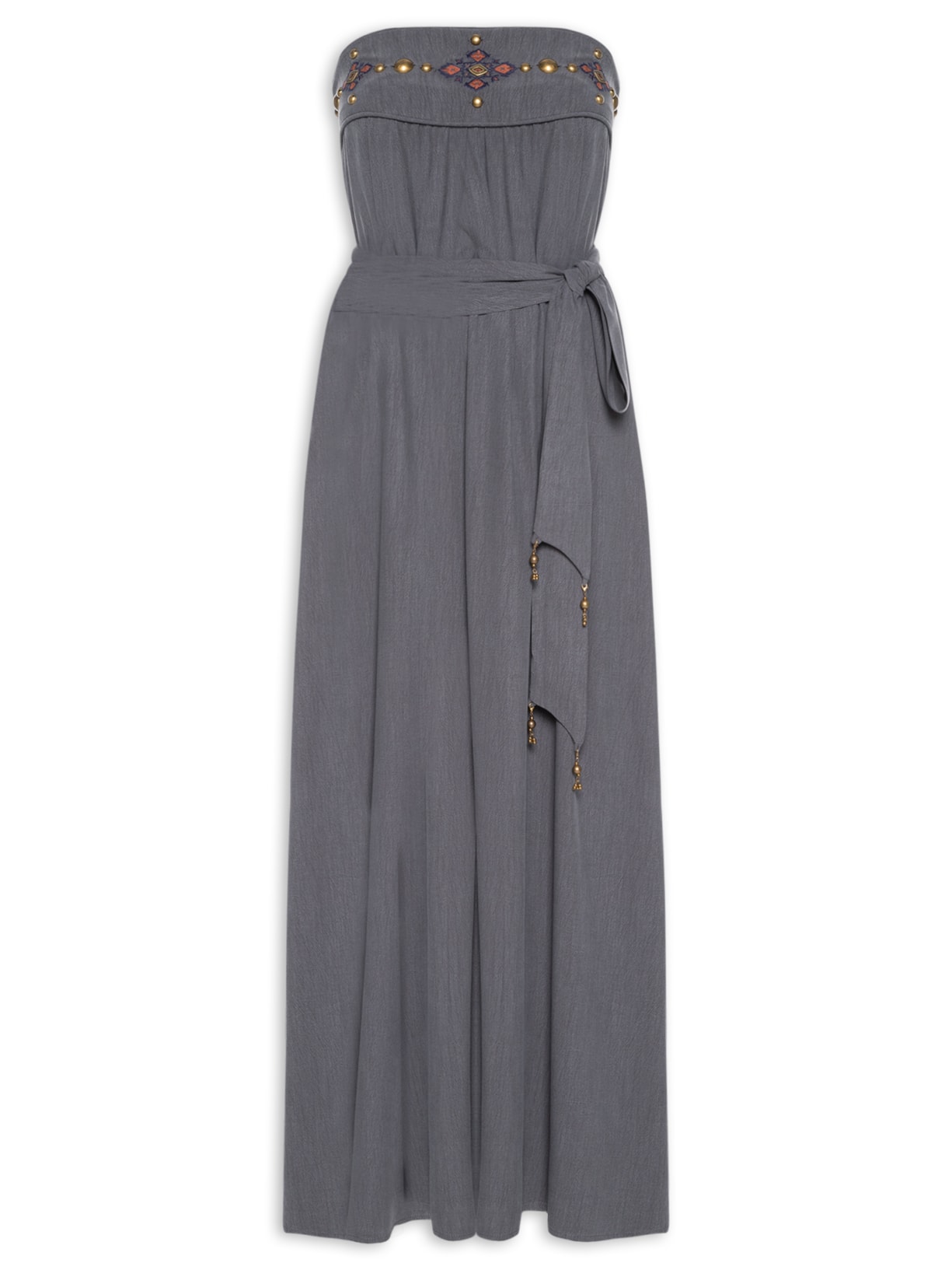 Vestido Midi Pala Bordado Rattan - Cinza