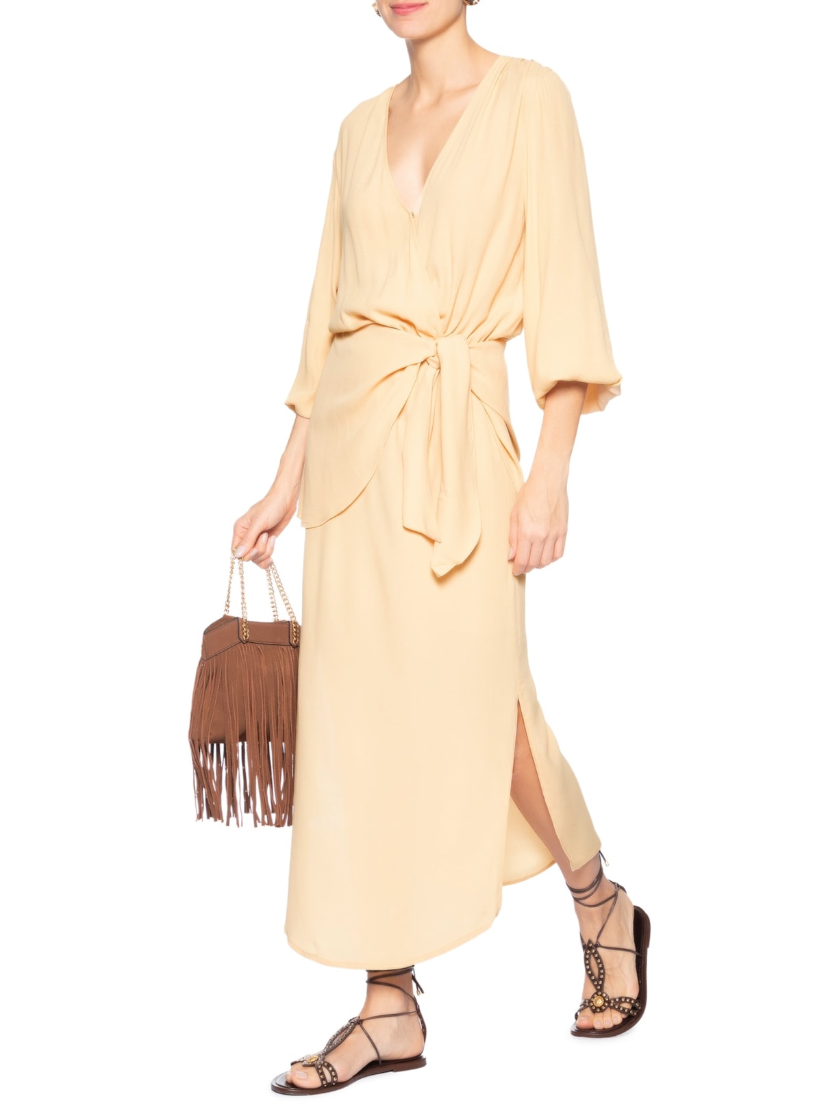 Vestido Midi Pala Faixa Bege Maria Filó