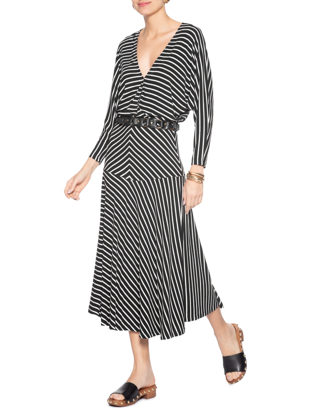 Vestido Midi Pala Listras Preto Maria Filó