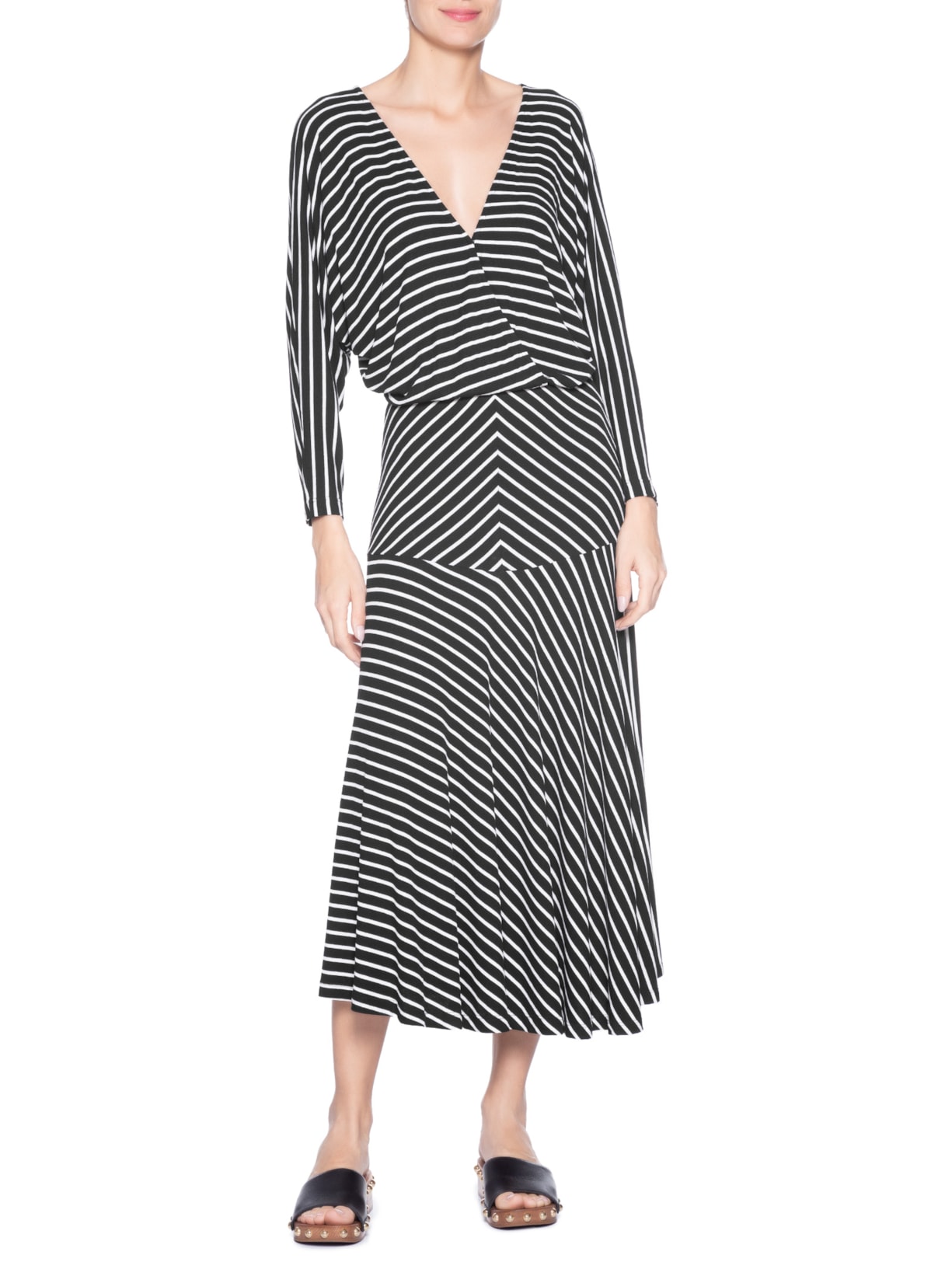 Vestido Midi Pala Listras Preto Maria Filó