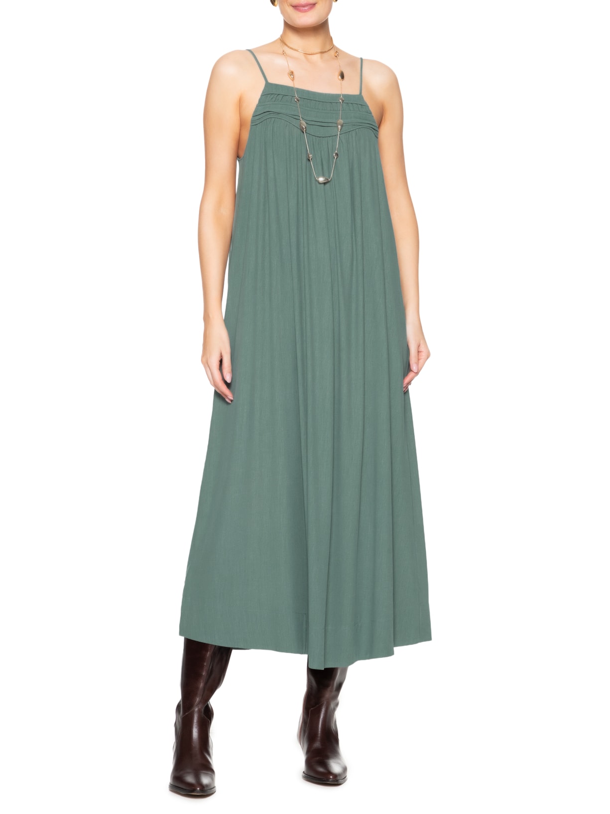 Vestido Midi Pala Pregas Verde Maria Filó