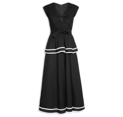 Vestido Midi Peplum Em Linho Misto - Preto