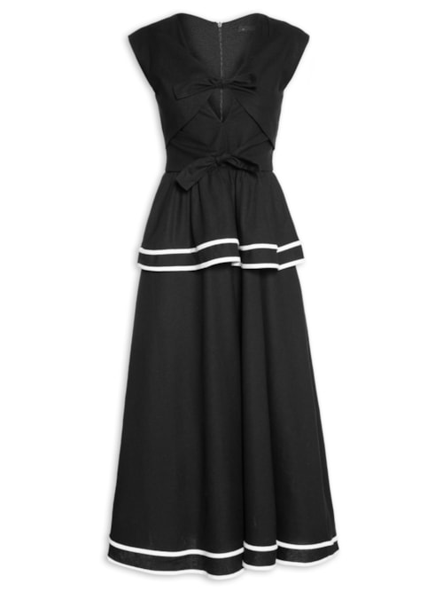 Vestido Midi Peplum Em Linho Misto - Preto