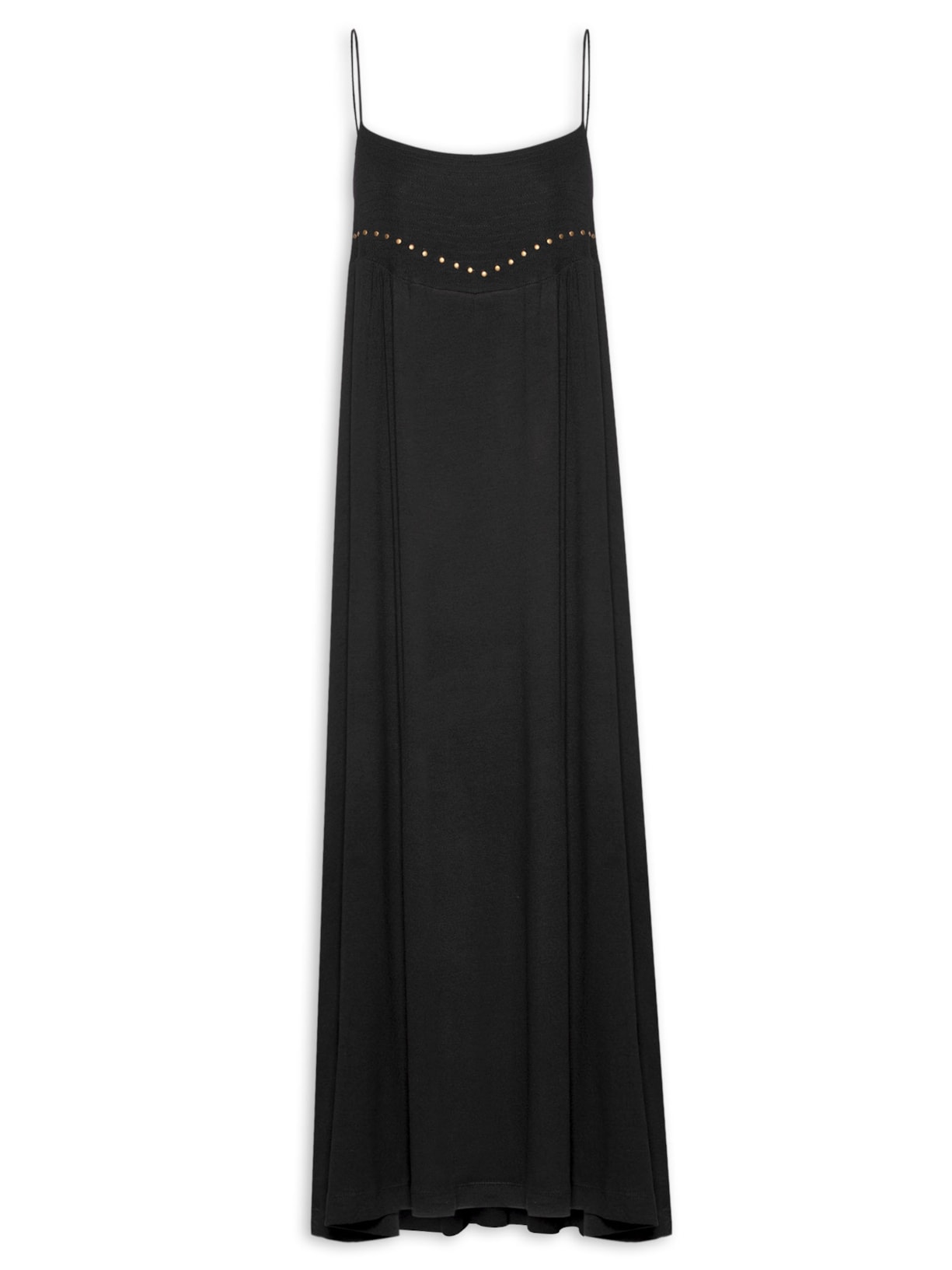 Vestido Midi Pesponto Tacha Decote - Preto
