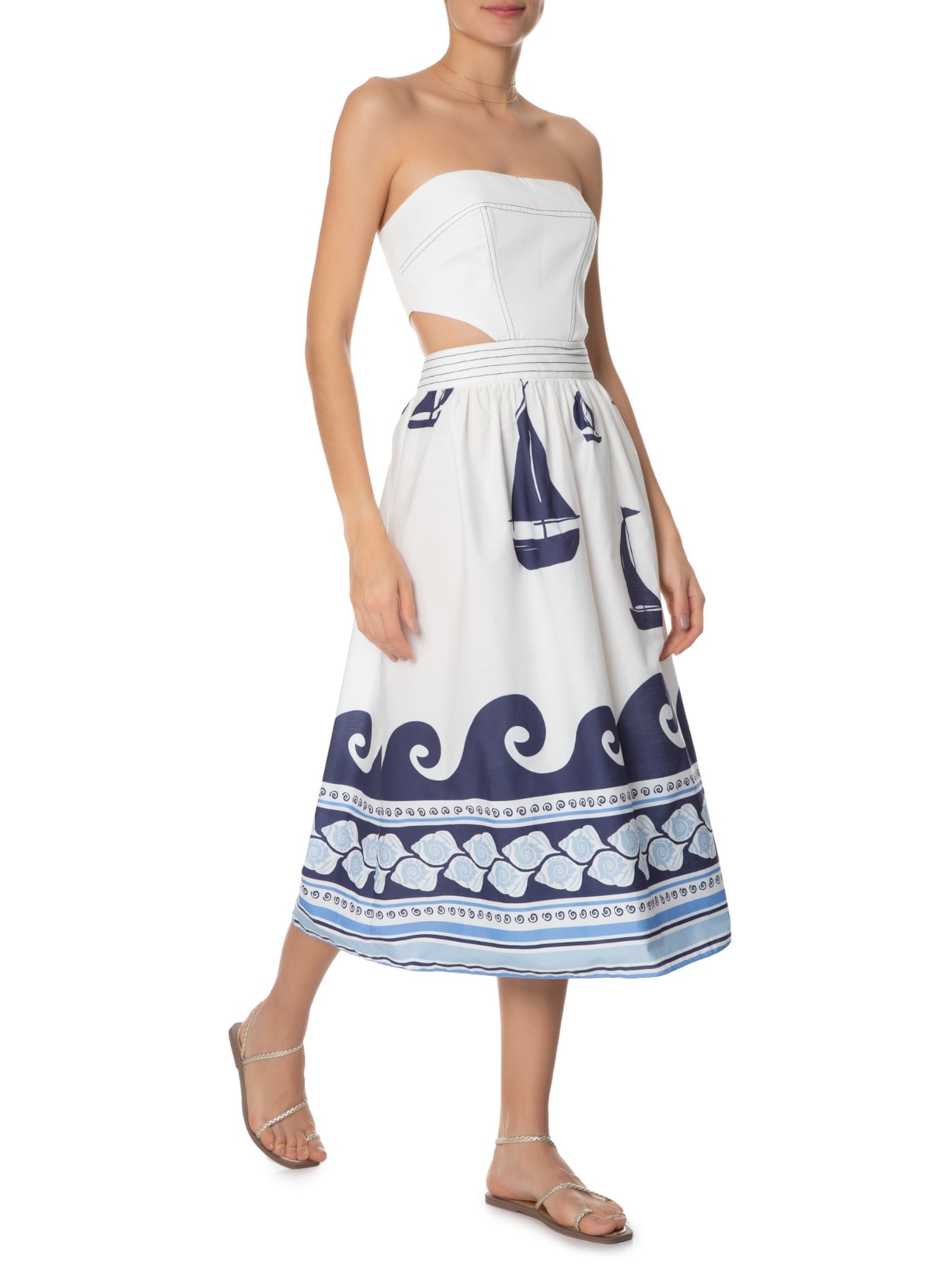 Vestido Midi Pespontos Estampa Maresia Branco Dress To
