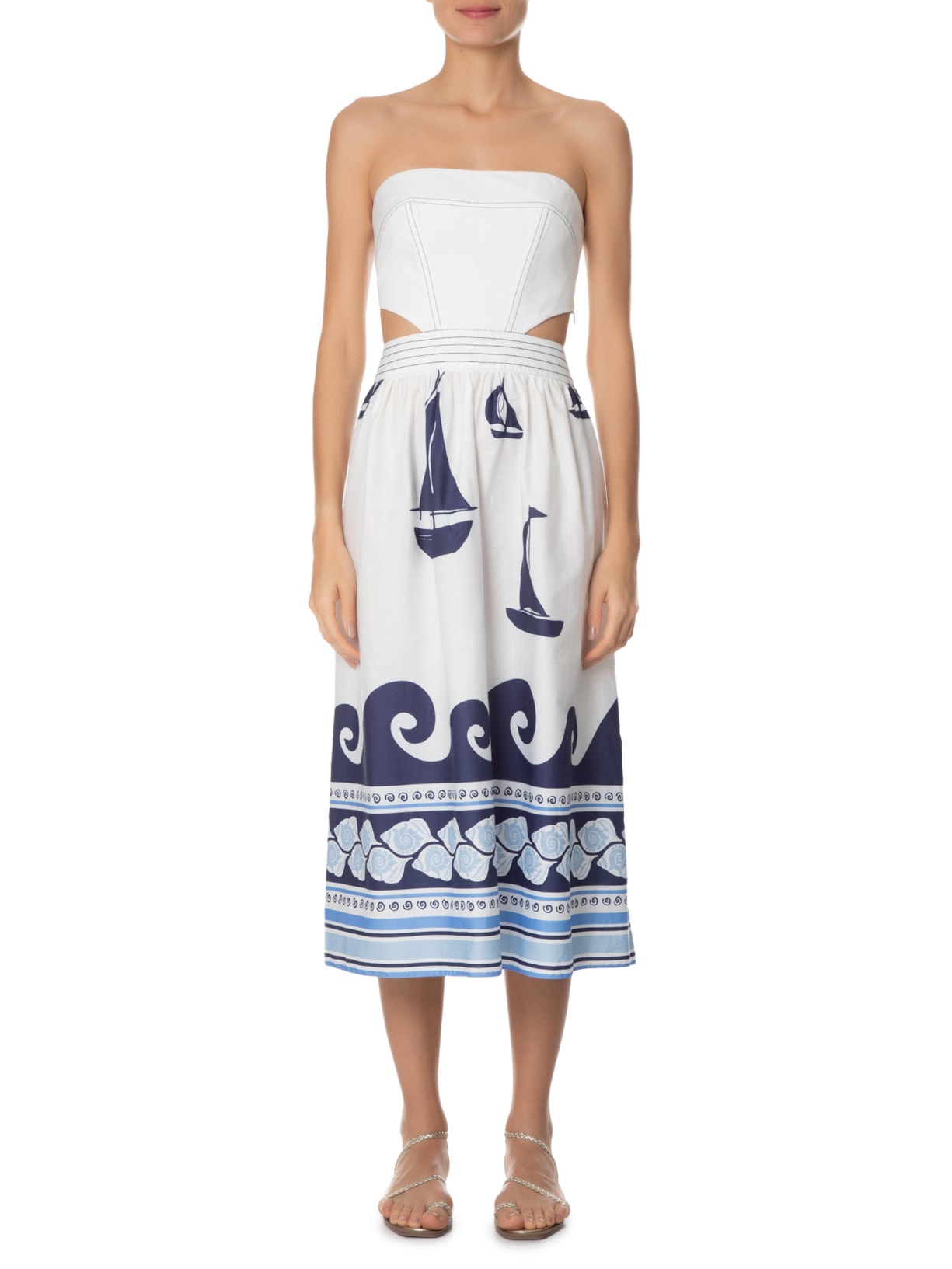 Vestido Midi Pespontos Estampa Maresia Branco Dress To